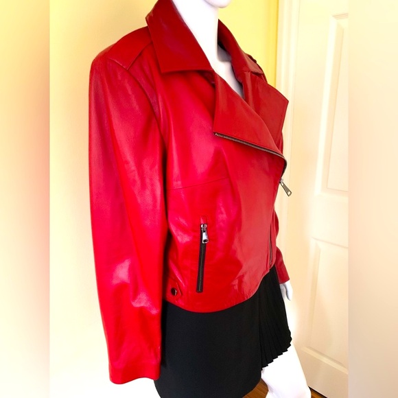 Tergan Red Lamb Leather Moto Biker Style Jacket Zipped Pockets Double Collar XL - Picture 4 of 16